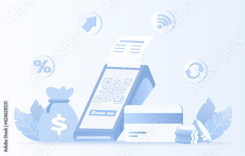 Easy payment concept. Elements of EDC machine, NFC (Near field communication), QR code scan to payment. E-commerce, shopping and money transfer, digital wallet, mobile banking. Vector illustration.