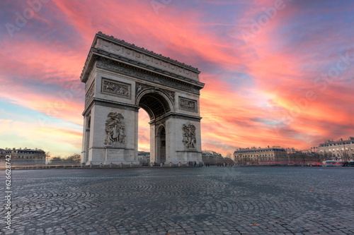 Paris France sunset city skyline at Arc de Triomphe and Champs Elysees