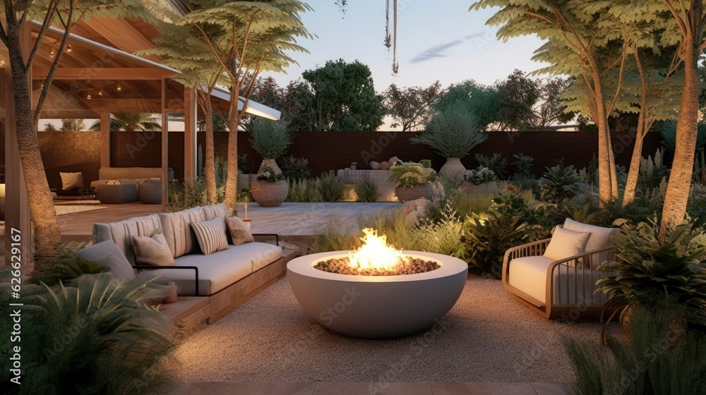 A Photo of Contemporary Outdoor Patio with Cozy Lounge Furniture. created with Generative AI technology