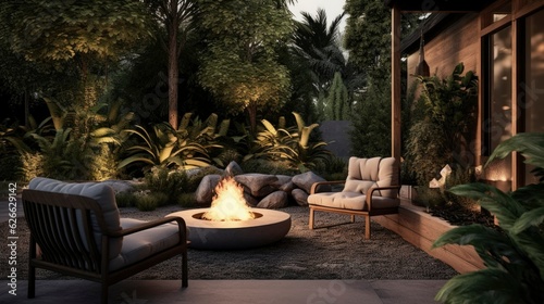 A Photo of Contemporary Outdoor Patio with Cozy Lounge Furniture. created with Generative AI technology © Rainbow Stock