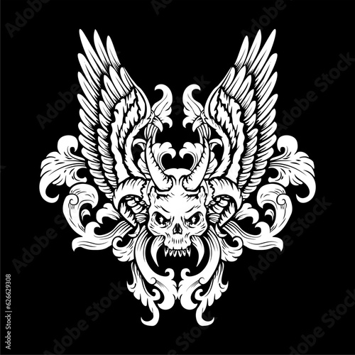 skull,wings and floris illustrasi for logo vector design