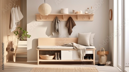 A Photo of Scandinavian Style Entryway with Functional Storage Bench. created with Generative AI technology © Rainbow Stock