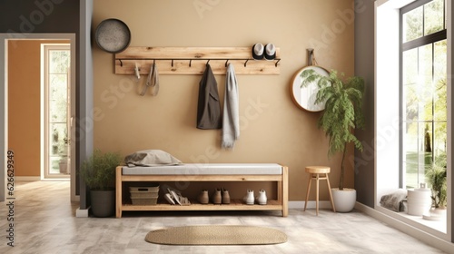 A Photo of Scandinavian Style Entryway with Functional Storage Bench. created with Generative AI technology © Rainbow Stock