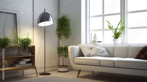 A Photo of Scandinavian Style Floor Lamp with Sleek Design. created with Generative AI technology © Rainbow Stock