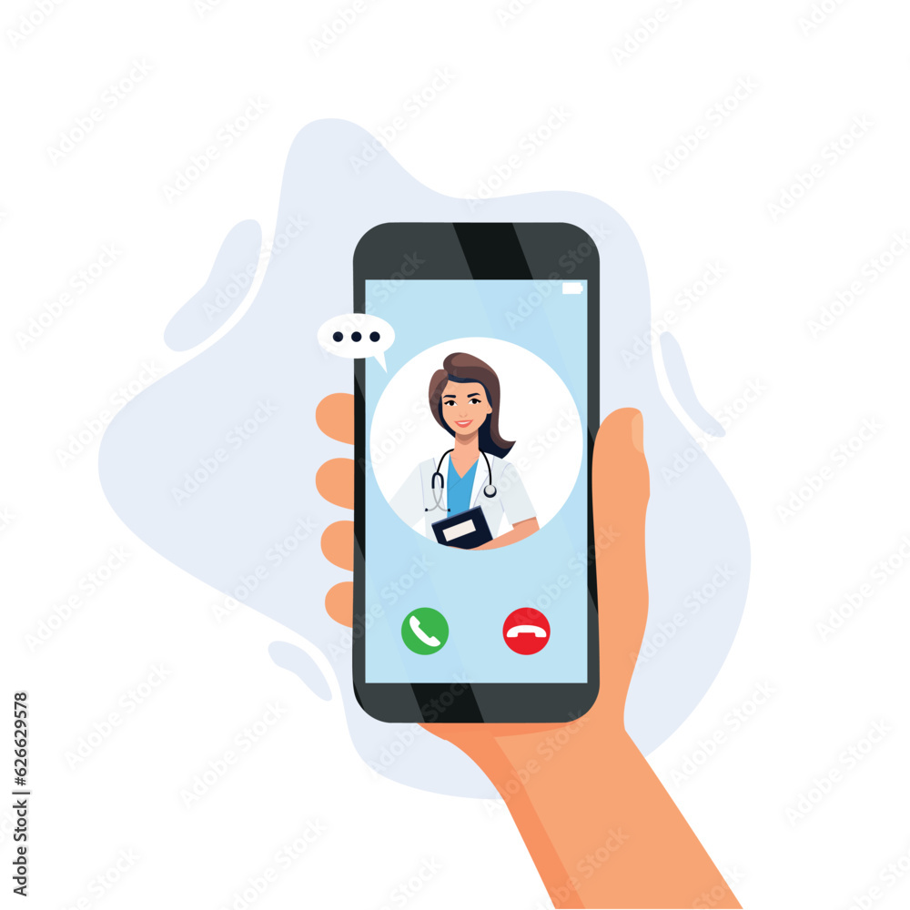 nline medicine concept vector illustration. Cartoon flat human hand holding smartphone with video call to doctor character on screen, using mobile advise or consultation service app isolated on white nline medicine concept vector illustration. Cartoon flat human hand holding smartphone with video call to doctor character on screen, using mobile advise or consultation service app isolated on white