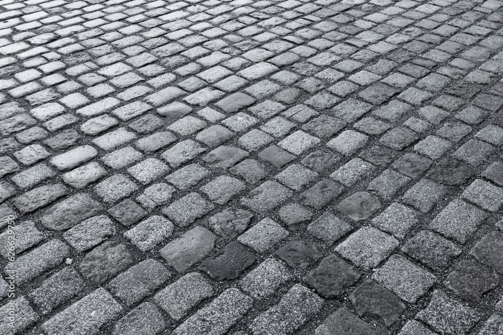 Old wet stone paved avenue street road Old wet stone paved avenue street road
