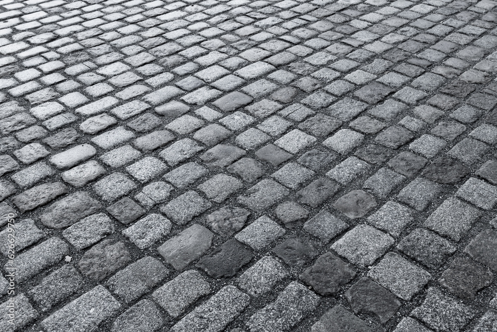 Old wet stone paved avenue street road