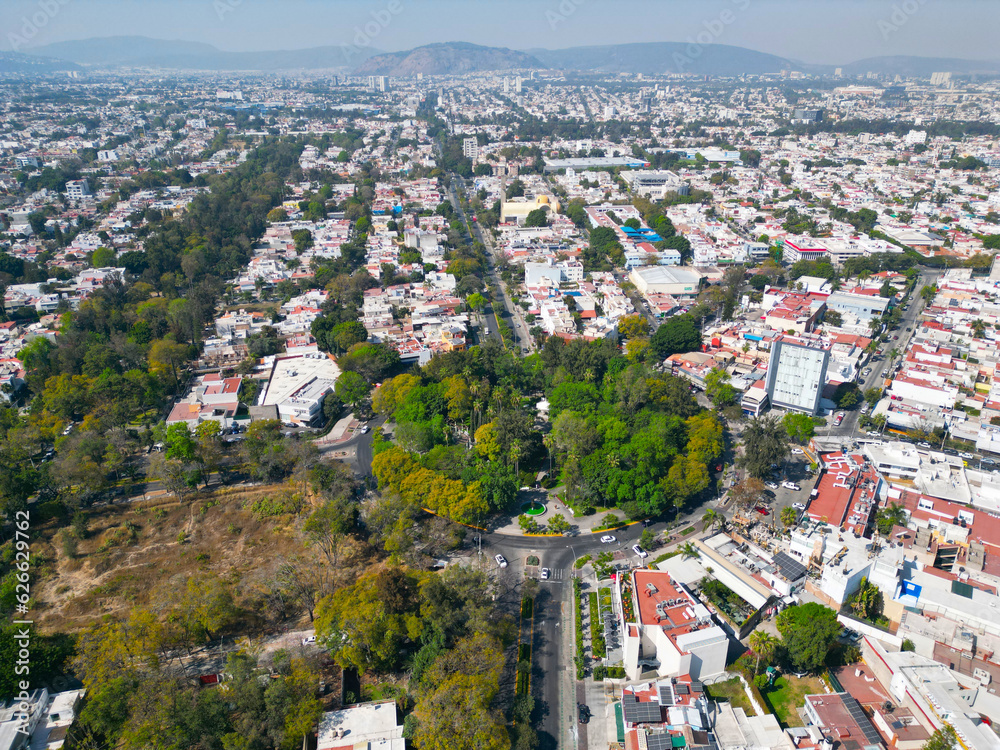 Chapalita Neighborhood Panorama: Aerial Drone Horizontal View of Roundabout