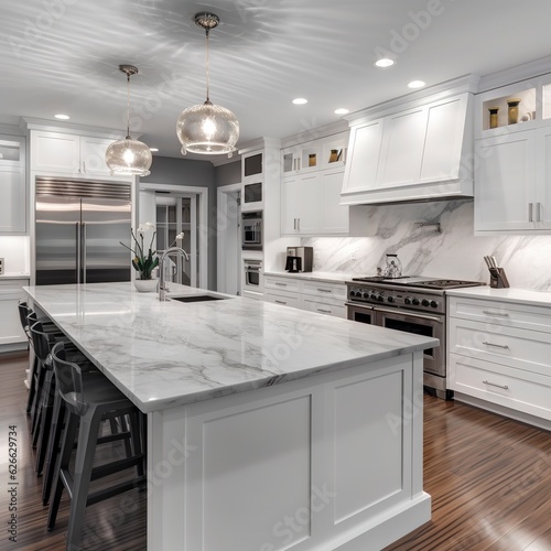 A Photo of Contemporary Kitchen with Sleek White Cabinets and Marble Countertops. created with Generative AI technology