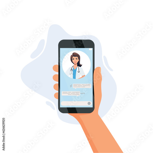 nline medicine concept vector illustration. Cartoon flat human hand holding smartphone with video call to doctor character on screen, using mobile advise or consultation service app isolated on white