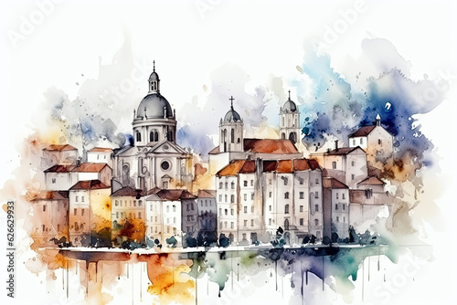 View of the old town painted in watercolor