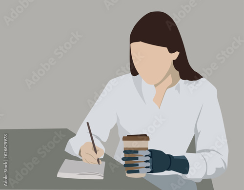 Girl in office suit with coffee in prosthetic hand making notes for work