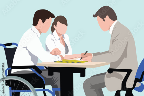 Office worker on a wheelchair discussing a project with colleagues