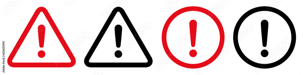 Warning, precaution, attention, alert icon, set exclamation mark in triangle and circle shape - stock vector Warning, precaution, attention, alert icon, set exclamation mark in triangle and circle shape - stock vector