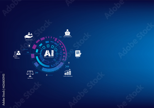 Jobs will replace by AI in future. Artificial intelligence smart technology. Banner dark blue background. High tech. Cover, Poster, Presentation, Business, infographic