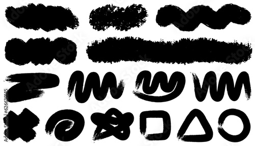 Brush stroke set isolated, wavy and swirled brush strokes pattern, bold curved lines and squiggles marker stripe, hand drawn pencil lines and squiggles, scratchy strokes and swirls with rough edges