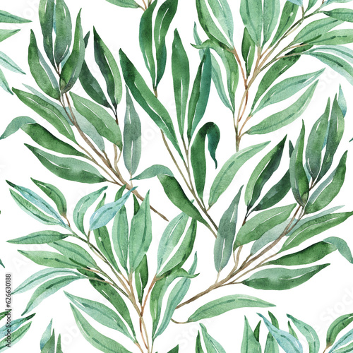 Floral greenery foliage seamless pattern. Eucalyptus leaves, willow branches repeatable background. Natural elegant ecology design. Fabric, textile, surface, print, broshure, poster, postcard