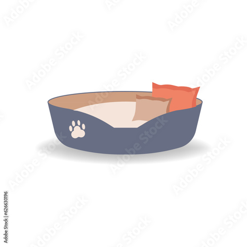 Cute dog or cat bed decorated with paw pattern in cartoon style isolated on white background. Pet accessory, comfortable crib, basket for rest