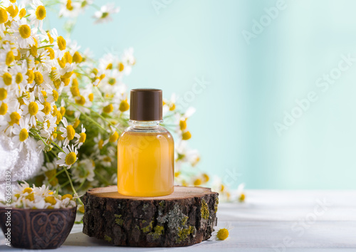 Spa and wellness concept. Composition with chamomile flowers and cosmetic bottle of essential oil bottle on light blue background