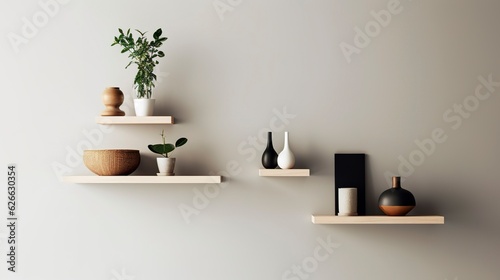 A Photo of Minimalist Floating Shelves with Decorative Objects. created with Generative AI technology