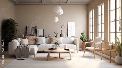 A Photo of Minimalist Scandinavian Style Living Room with Neutral Tones, created with Generative AI technology © Rainbow Stock