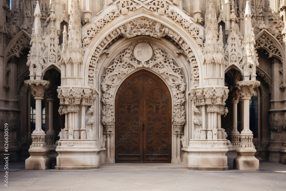 Gothic cathedral entrance with intricate stone carvings and archway