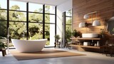 A Photo of Modern Bathroom with Freestanding Bathtub and Glass Shower. created with Generative AI technology