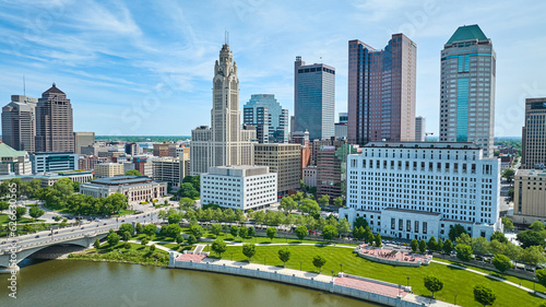 East Bank Park with LeVeque Tower and One Columbus Center downtown buildings Columbus aerial