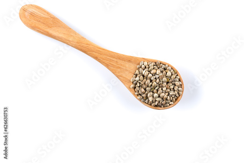 Cannabis Hemp seeds in spoon on white