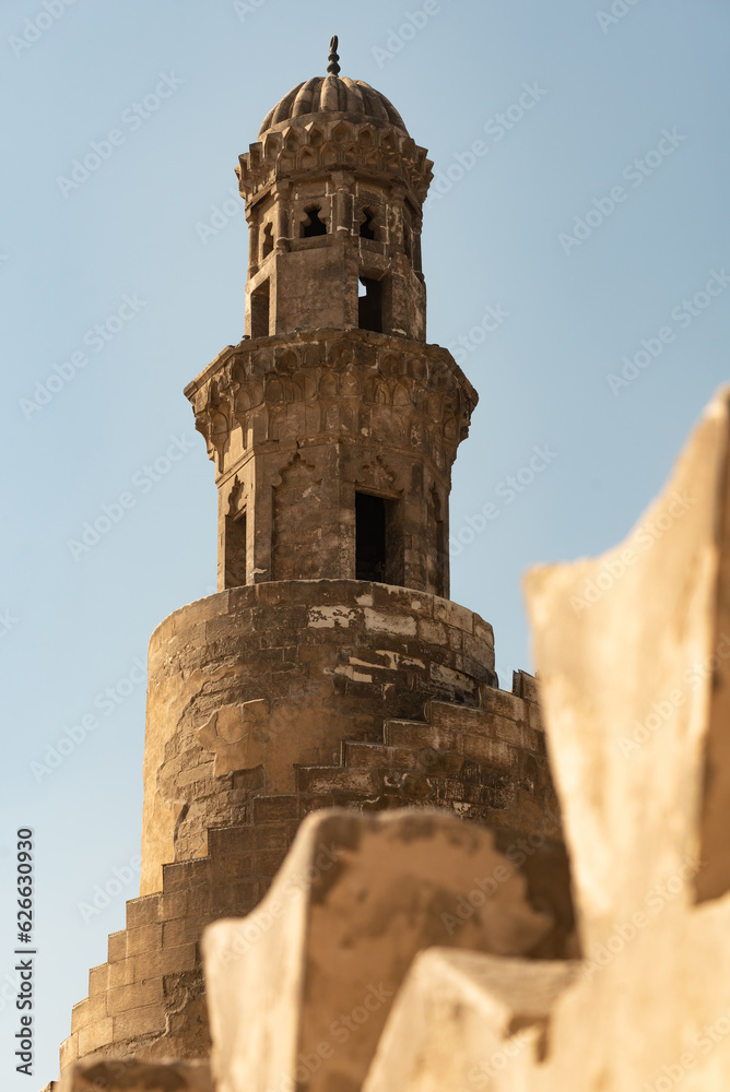 Egyptian architectural detail of the Spiral Tulunid Dynasty Minaret of Ibn Tulin Mosque in Cairo, one of the oldest mosques in Egypt. Architecture in the Middle East.