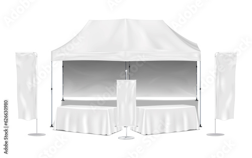 Pop-up gazebo canopy tent with table and event flags vector mockup. Exhibition promotional mock-up set. Blank white template for business branding design