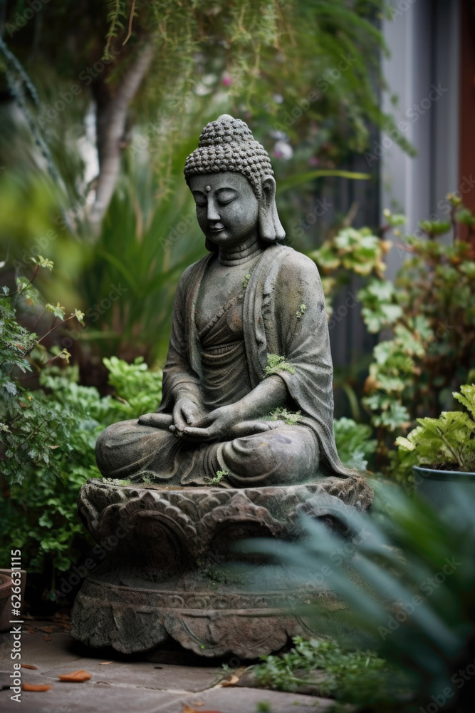 Serene Buddhist Statue in Garden Setting – Generative AI