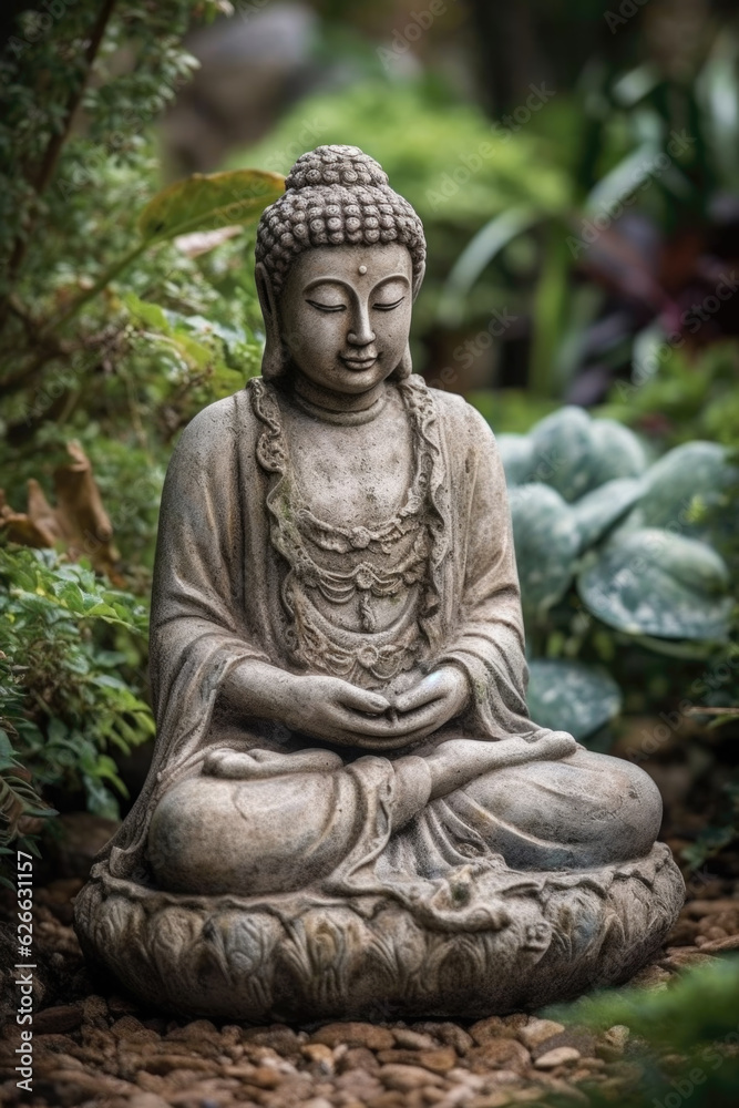 Serene Buddhist Statue in Garden Setting – Generative AI