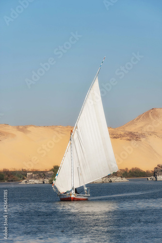 Cover image with copy space, a beautiful view of an Egyptian Felucca sail boat along the River Nile at Elephantine Island, A Nubian Village near Aswan, Egypt, Africa.