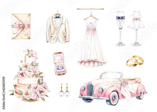 Watercolor wedding clipart set. Car, cake, dress, rings. Hand drawn illustrations isolated on white background. Romantic graphics for invitation, save the date. Wedding card decoration. © Victoria Pak