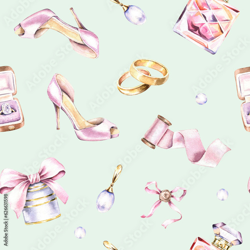 Watercolor wedding seamless pattern. Bride shoes, perfume,  gold rings. Green background. Romantic graphics for invitation, save the date, card decoration, textile, paper. © Victoria Pak