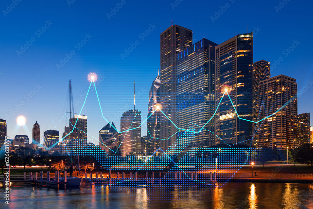 Fototapeta premium Skyscrapers Cityscape Downtown View, Chicago Skyline Buildings. Beautiful Real Estate. Night time. Forex Financial graph and chart hologram. Business education concept.
