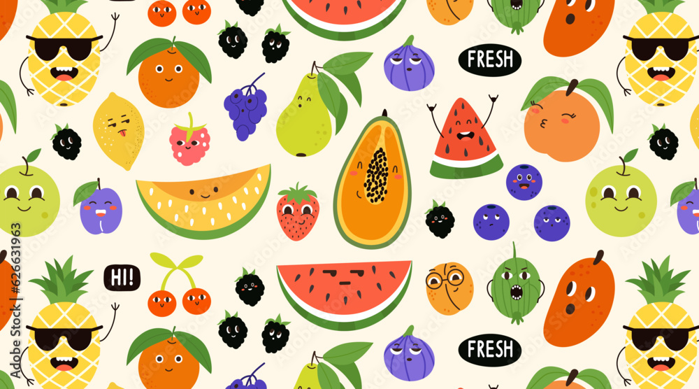 Fototapeta premium Seampless pattern fruit and berries characters emotion face in Cartoon style. Hand drawn Summer funny cute child food repeating print. Walpaper Vector illustration