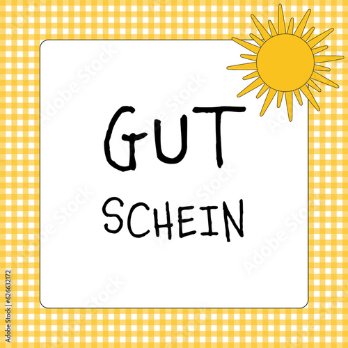 Gutschein - Schriftzug in deutscher Sprache. Karte mit einer Sonne auf gelb-weiß kariertem Hintergrund.