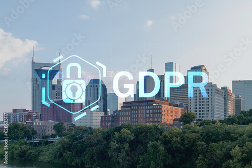 Panoramic skyline view of Broadway district of Nashville over Cumberland River at day time, Tennessee, USA. GDPR hologram, concept of data protection regulation and privacy for all individuals in EU