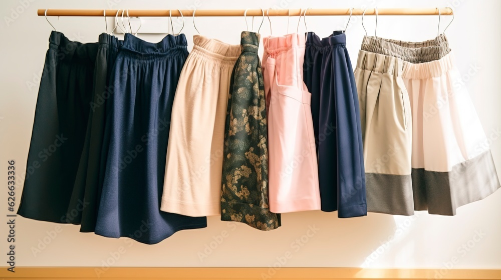 A row of neatly arranged skirts and shorts in various lengths. created with Generative AI technology A row of neatly arranged skirts and shorts in various lengths. created with Generative AI technology