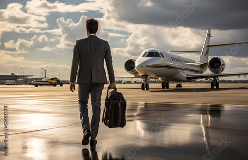 A businessman near an aircraft, generative AI