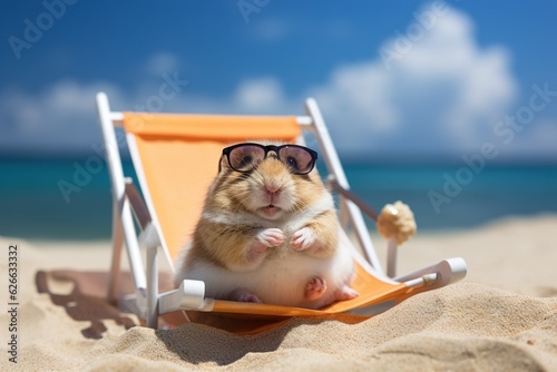 Fat funny hamster in sunglasses resting on the beach near the sea. Animal vacation