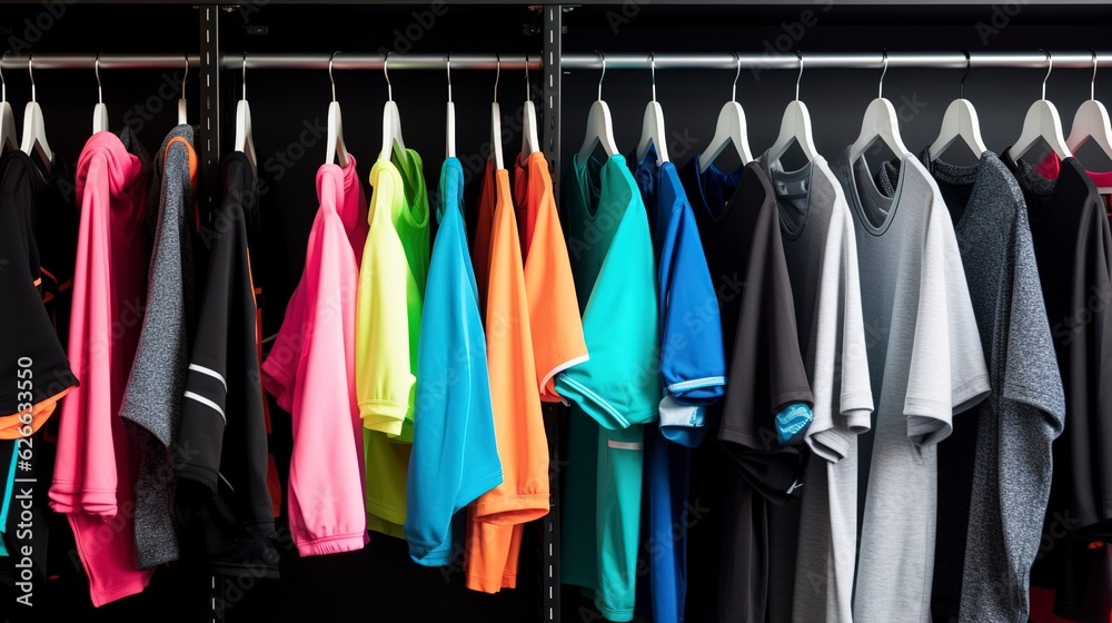 A row of neatly organized activewear and sportswear. created with Generative AI technology