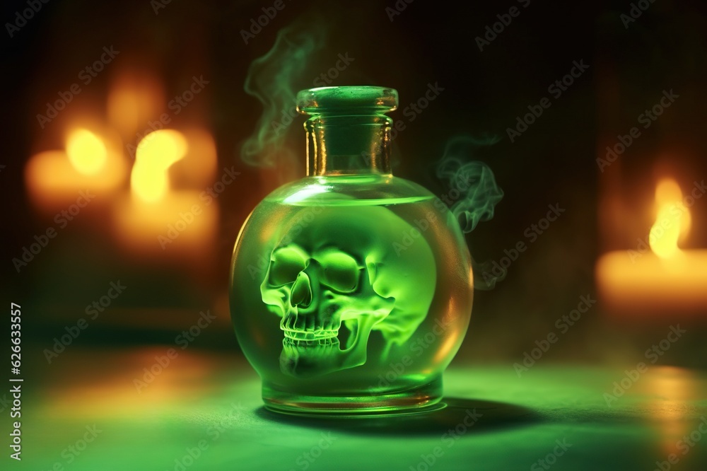 Bottle of poison with skull, green smoke on background Bottle of poison with skull, green smoke on background