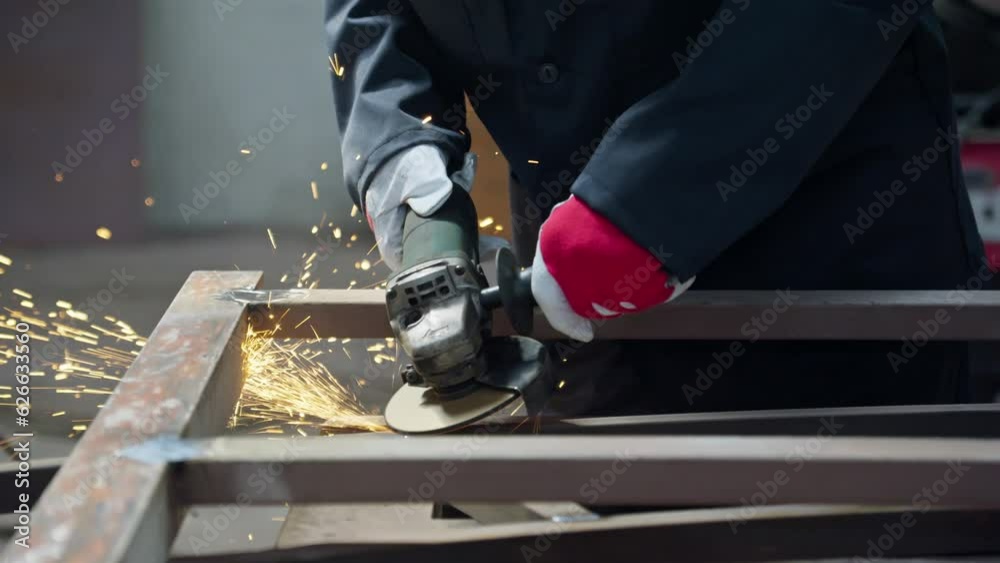 Factory worker grinding metal. Worker in protective clothing. Close-up of bright sparks and flashes in 4K, UHD