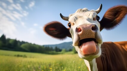 Funny surprised cow with goofy face in sunny meadow, green farmland background, copy space