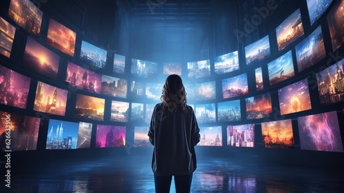 Woman watching smart TV wall, displaying many streaming channels and online media, entertainment and technology concept