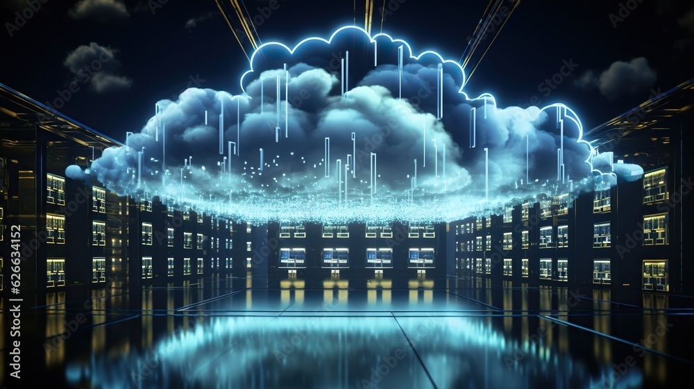 Obraz premium Cloud technology concept, digital data storage, secure internet networking in futuristic cyberspace