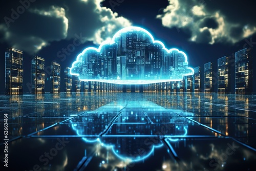 Cloud technology concept, digital data storage, secure internet networking in futuristic cyberspace